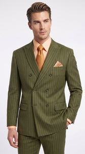 Men’s Olive Green Pinstripe Double-Breasted Suit – Classic Wedding, Business and Formal Suit