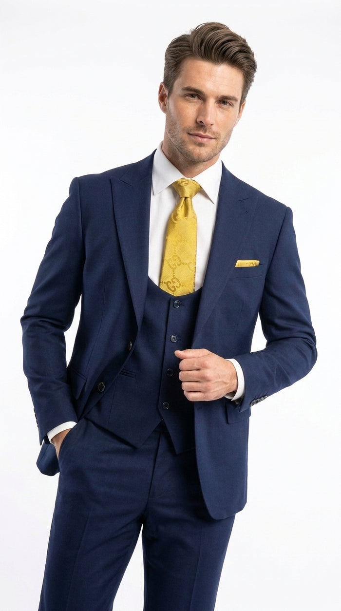 Mens Vitali 3 Piece Suit W/Scoop Vest Navy Blue 3-Piece Suit – Big Peak Lapel  Vest and Pants  Modern Fit Two Buttons