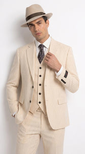 Men’s Ivory Cream Pinstripe Scarface Suit – Vintage Gangster Modern Fit 3-Piece Wedding Suit