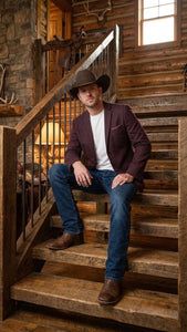 Men’s Burgundy Western  Blazer Jacket, Textured Cowboy Style Sport Coat for  - Tweed Herringbone Maroon Colo