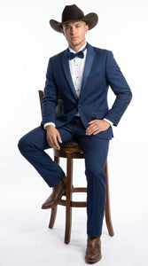 Men’s Saphire Indigo Blue Western Tuxedo Suit, Formal Wedding Prom Cowboy Tuxedo with Blue