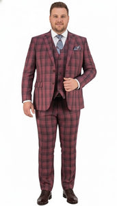 Mens Red Burgundy Plaid 3-Piece Suit – Classic Checkered Modern Fit Suit for Weddings, Church and Formal Events