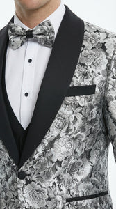 Mens Black and Silver Floral Tuxedo – Luxury Patterned Wedding, Prom and Formal Dinner Tuxedo