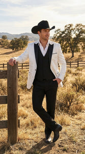 Men’s White Paisley Cowboy Tuxedo with Black Satin Lapel – Western Formal Wedding Suit Jacket