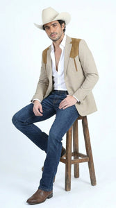 Men’s Khaki Western Blazer with Suede Yokes, Cowboy Sport Coat , Ranch and Country Events in Tan Khaki Color By Platini