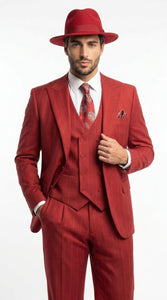 Men’s Red & White Pinstripe 3-Piece Suit by Mazari – Peak Lapel Classic Fit Gangster Suit with Pleated Pants