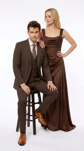 Men’s Doctor Who Inspired Brown Pinstripe 3-Piece Suit – Retro Vintage Wedding, Costume & Formal Suit