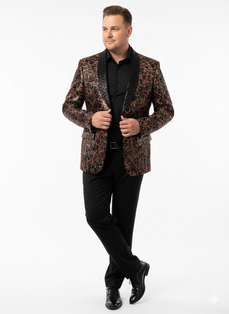 Men’s Black Shiny Designer Blazer with Red and Gold Pattern – Luxury Party & Wedding Jacket
