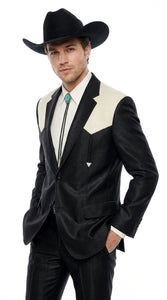 Men's Black Western Suit with White Shoulder Yoke – 2 Piece Cowboy Wedding Suit & Western Blazer with Matching Dress Pants