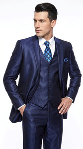 Men's Shiny Navy Blue Sateen 3-Piece Suit – Elegant Wedding, Prom Dress Suit with Matching Vest and Pants Slim Fitted