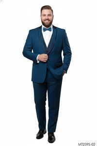 Men’s Teal Blue Tuxedo – 3-Piece Formal Suit with Satin Shawl Lapel, Vest, and Pants in Saphire Cobalt Blue Color