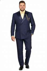 Men’s Navy Blue Double-Breasted Tuxedo with navy Satin Peak Lapel Wedding Suit
