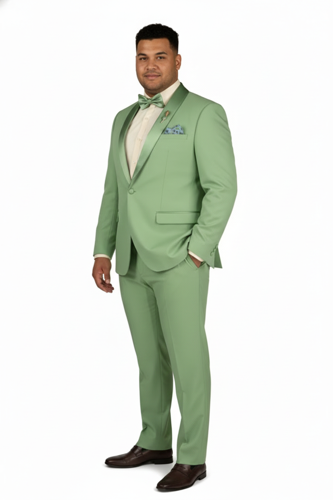 Men’s Mint Green Tuxedo – 2-Piece Formal Suit with Satin Shawl Lapel and Matching Bow Tie in  Sage Green