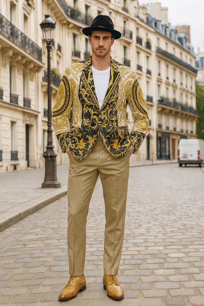 Men’s Black and Gold Baroque Blazer with Matching Pants, Hat, and Shoes – Luxury Party and Wedding Outfits Set