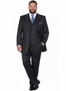 Men’s Three Button Suits -  Navy Blue Pinstripe Three-Piece Suit – Classic Business and Formal Wear with Tailored Fit