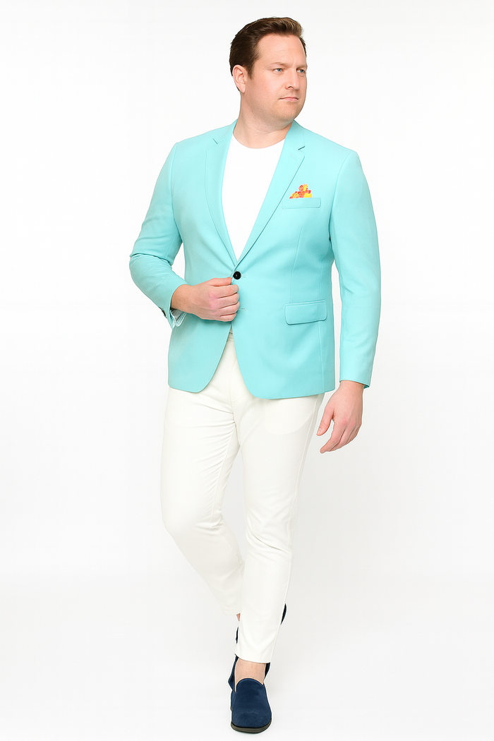 Men’s Aqua Blazer – Slim Fit One Button Suit Jacket with Stylish Floral Inner Lining - Light Turquoise