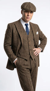 Men’s Thomas Shelby Inspired Brown Herringbone Tweed 3 Piece Suit – Peaky Blinders 1920s Vintage Suit