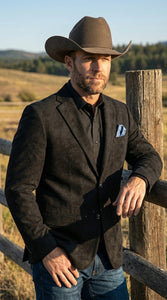 Men’s Black Suede Cowboy Blazer with Elbow Patch Sleeves – Black Western Style Suede Sport Coat for Casual and Smart Casual Wear