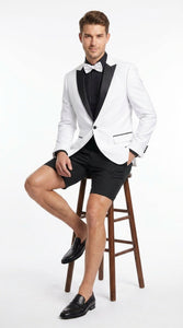 Men’s White and Black Tuxedo Suit with Shorts – Modern Formal Blazer and Short Pants Set for Wedding, Prom Suit