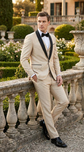 Men’s Champagne Beige Shiny Tuxedo 3 Piece Suit with Black Shawl Lapel | Formal Wedding Prom Suit Set in Sand Light Tan Color