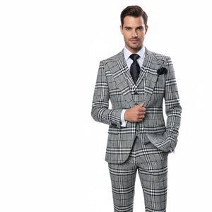 Suits With Baggy Pleated Pants - Wide Leg Pants 100% Wool - Classic Fit in One Button 3 Piece Suit by Rossiman