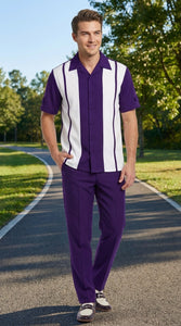 Men’s Purple and White Walking Suit – 2-Piece Short Sleeve Casual Leisure Outfit