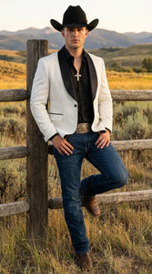 Men’s White Cowboy Blazer with Black Shawl Lapel – Western Formal Jacket for Wedding and Special Events