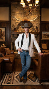 Men’s White Cowboy Blazer with Black Satin Lapel – Western Formal Tuxedo Style Jacket