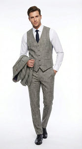 Vitali Brand Men’s Grey Textured Patterned 3 Piece Suit – Modern Fit Checkered Sharkskin with Blazer, Vest & Trousers, Business Wedding