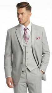 Men’s Light Gray 3 Piece Suit – Ice Silver Gray Formal Suit Set with Vest, Patterned Lapel and Tie for Wedding, Prom and Business Events