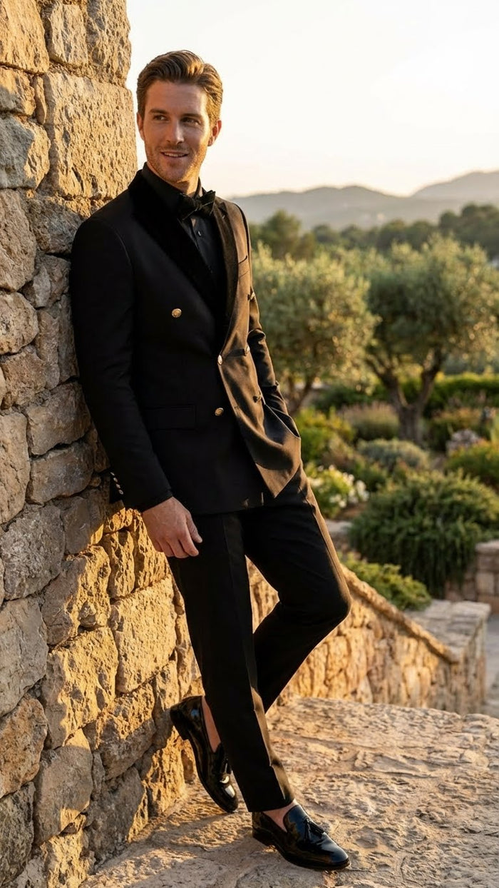 Men’s Black Double Breasted Tuxedo Suit – Luxury Formal Dinner Jacket Gold Buttons Velvet Lapel