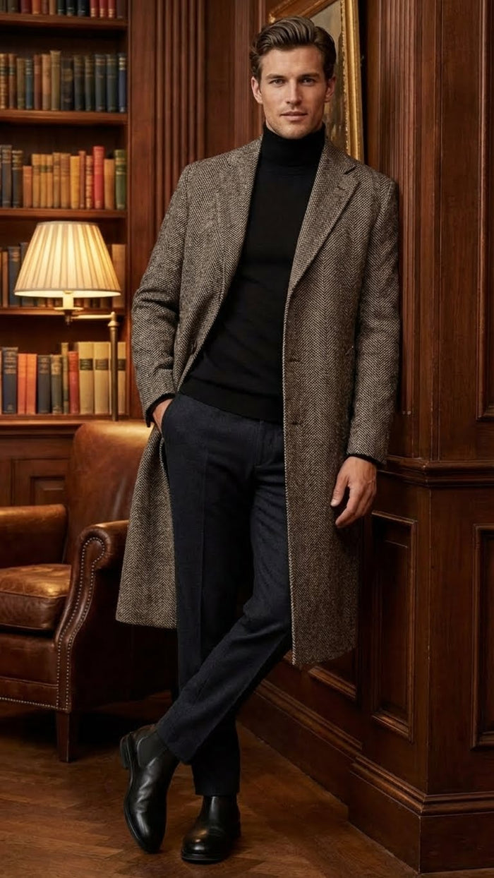 Men’s Black & Grey  Herringbone Tweed Wool Blend Overcoat – Classic Single-Breasted Winter Blazer Carcoat