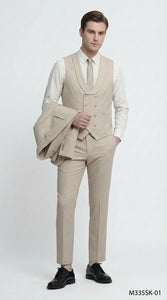 Mens Sand Beige 3 Piece Suit – Double breasted Vest Formal Suit Set  and Dress Pants in Champaign Natural Summer Color