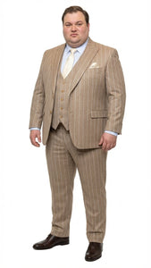 Men's Beige Pinstripe Three-Piece Vested Suit – Tailored Fit  Business Attire in Tan Stripe by Rossiman