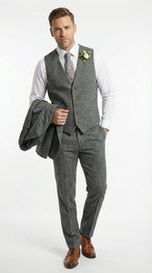 Men’s Peaky Blinder Light Grey Tweed Suit with Vest – Classic Three Piece Formal Suit, Vintage Wedding Business Outfit