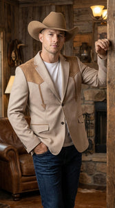 Men’s Khaki Western Blazer – Cowboy Sport Coat with Suede Yoke Detail