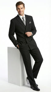 Men’s Black Pinstripe Double Breasted Suit – Peak Lapel Classic Fit Formal Business Conservative settle stripe