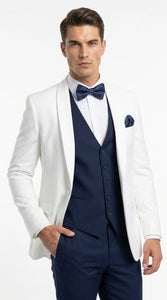 Men’s White and Navy blue tuxedo  3 Piece Suit – Classic White Blazer with Navy Vest and Pants for Wedding, Party + Bowtie