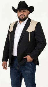 Men’s Black & Bone Tan Western Blazer – Cowboy Sport Coat with Suede Yoke for Rodeo, Ranch & Country Wear