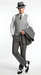 Men’s Grey Pinstripe 1920s Gangster 3 Piece Suit, Contrast Lapel Vintage Formal Suit for Parties, Prom, Weddings, and Theme Events