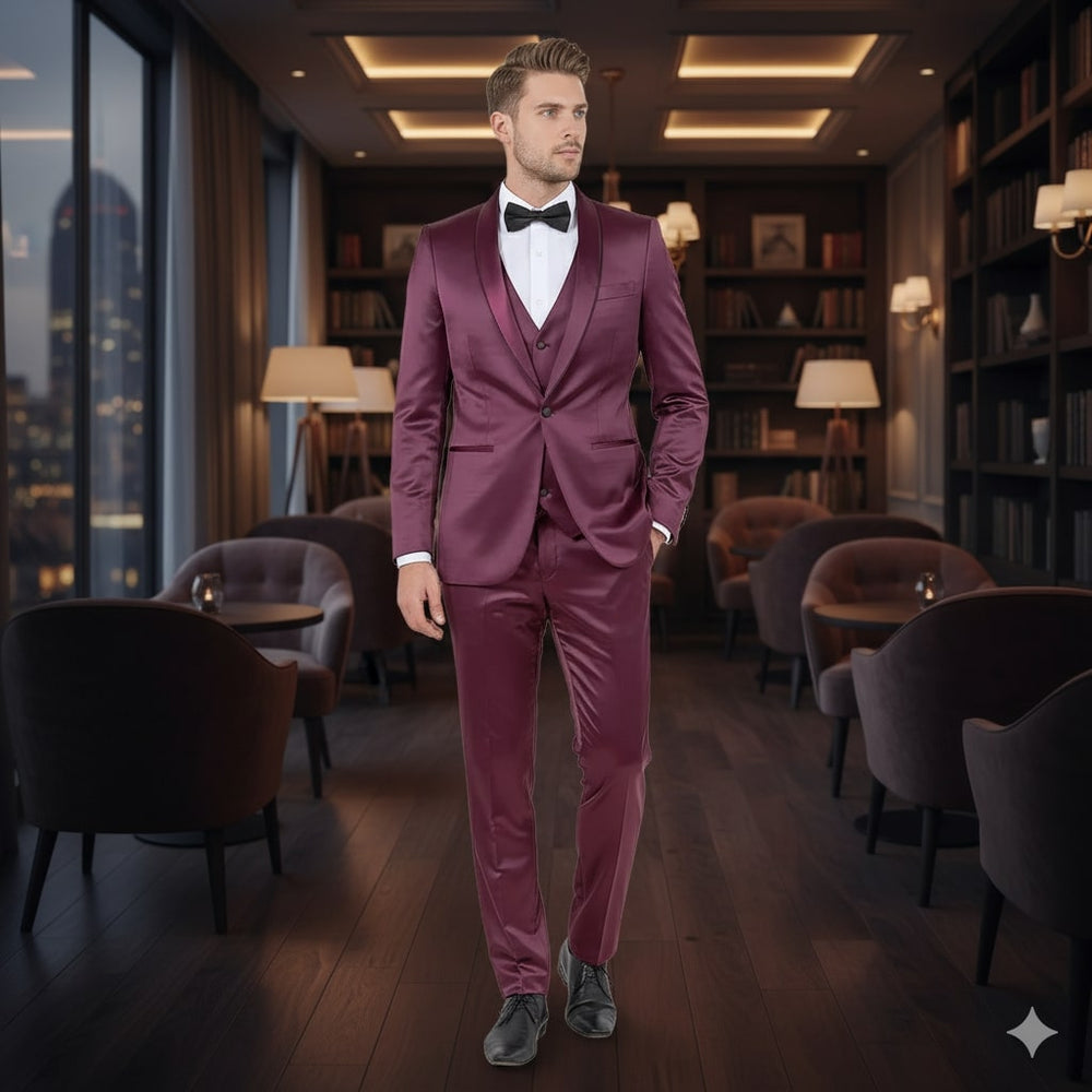 Mens Sateen Shiny Burgundy Slim Fit Tuxedo – Satin Shawl Lapel 3-Piece Suit