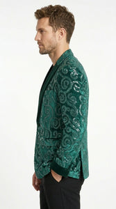 Men’s Emerald Green Paisley Tuxedo Dinner Jacket with Black Lapel, Formal Prom Wedding Party Blazer