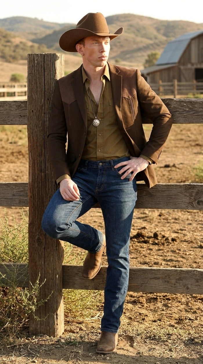 Men’s Dark Brown Western Blazer with Suede Yokes, Cowboy Sport Coat for Ranch Wedding and Country Events