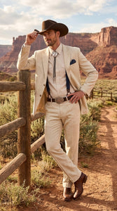 Men’s Natural Sand Linen Western Suit – Cowboy Wedding Jacket & Pants Linen Suit