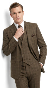 Men’s 1930s Brown Plaid 3 Piece Suit, Vintage Formal Wedding Business Dress Suit Set