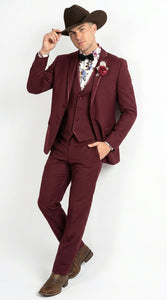 Men’s Burgundy Western Tuxedo Suit, 3 Piece Cowboy Formal Wedding Prom Suit with Satin Trim