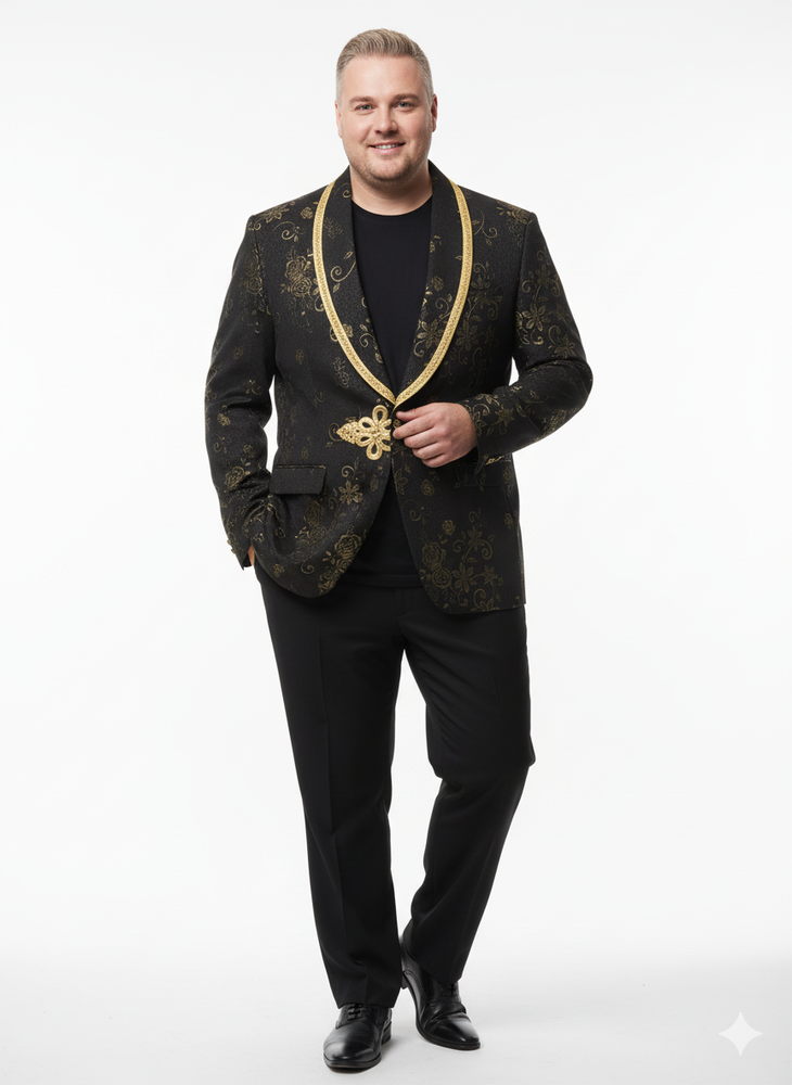 Men’s Black and Gold Embroidered Luxury Blazer – Designer Floral Pattern Wedding & Party Jacket (Sim534)