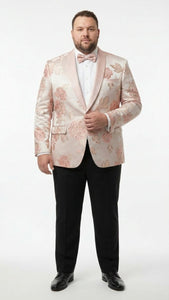Men’s Pink Blush Floral Jacquard Blazer with Embellished Shawl Lapel – Luxury Party and Wedding Wear Jacket