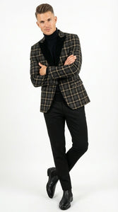 Mens Tartan Black and Gold Check Blazer – Windowpane Plaid Sport Coat Velvet Lapel Formal Party Jacket Chirsitmas New Year Holiday Jacket