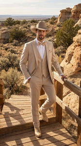 Mens Beige Tan Khaki CowboyTuxedo Suit – Western Formal Three Piece Suit with Jacket Vest and Pants